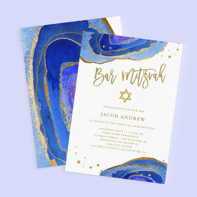 Invitation Aquarelle Blue Geode avec or | Bar Mitzvah (Créateur téléchargé)