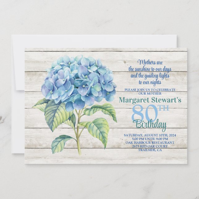 Invitation Aquarelle Blue Hydrangea 80e anniversaire (Devant)