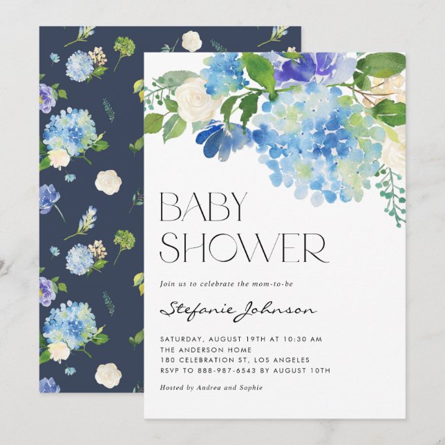 Invitation Aquarelle Blue Hydrangea Baby shower Floral (Devant / Derrière)