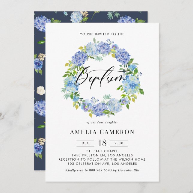 Invitation Aquarelle Blue Hydrangea Fleurs Wreath Baptême (Devant / Derrière)