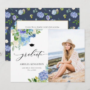 Invitation Aquarelle Blue Hydrangea Floral Photo Graduation