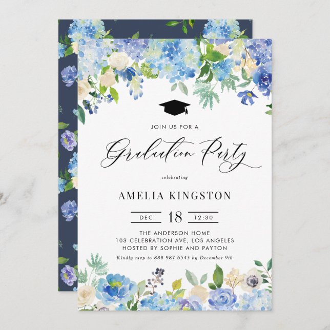 Invitation Aquarelle Blue Hydrangea Graduation Florale (Devant / Derrière)