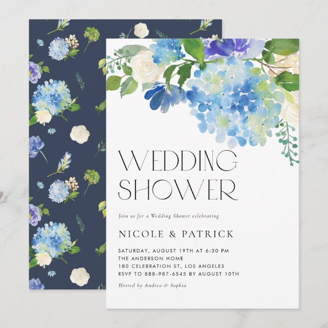 Invitation Aquarelle Blue Hydrangea Wedding shower Floral (Devant / Derrière)