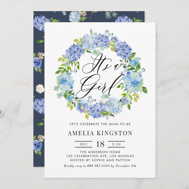 Invitation Aquarelle Blue Hydrangea Wreath C'est une fille (Devant / Derrière)