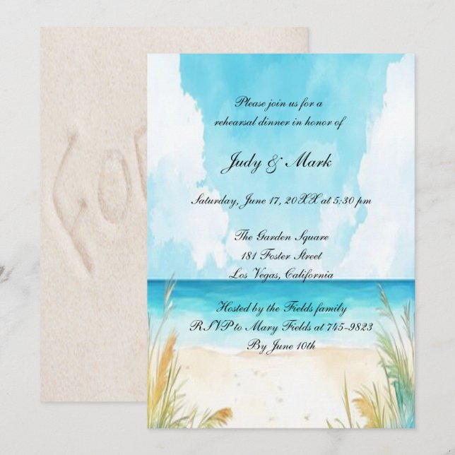 Invitation Aquarelle Blue Ocean Beach Dîner de répétition (Devant / Derrière)