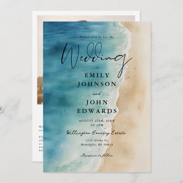 Invitation Aquarelle Blue Ocean Beach Photo QR Code Mariage (Devant / Derrière)