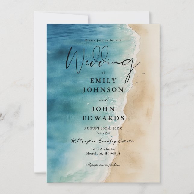 Invitation Aquarelle Blue Ocean Beach Sand Mariage (Devant)