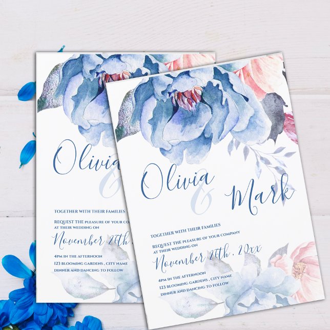 Invitation Aquarelle Blue Peach Floral Cute Script Mariage (Watercolor Blue Peach Floral Cute Script Wedding Invitation)