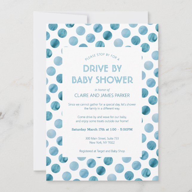 Invitation Aquarelle Blue Polka Dot Drive Par Baby shower (Devant)