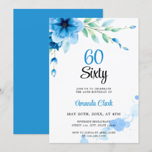 Invitation Aquarelle Blue Soft Bubbles Floral 60e anniversair