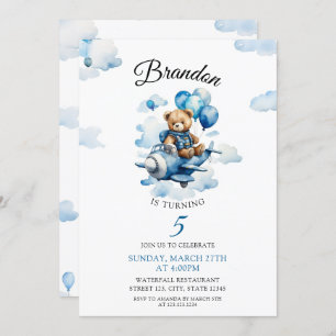 Invitation Aquarelle Blue Teddy Bear Avion 5e anniversaire