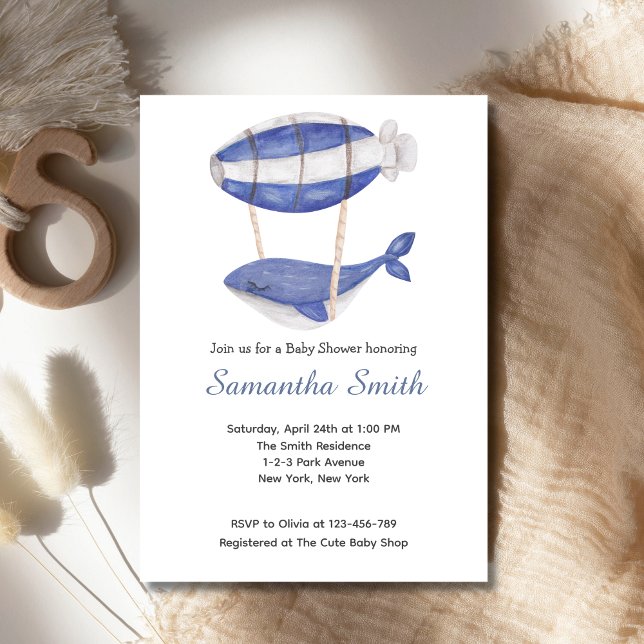 Invitation Aquarelle Blue Whale Air Baby shower à ballon (Watercolor Blue Whale Air Balloon Baby Shower Invitation)