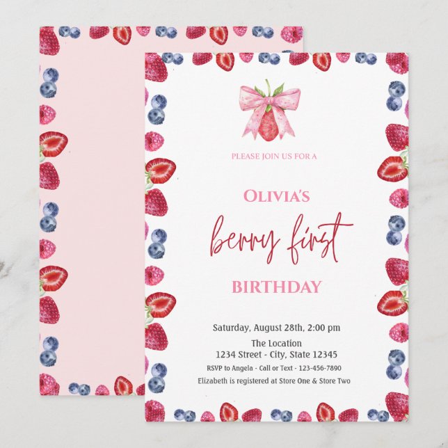 Invitation Aquarelle Blueberry fraise 1er anniversaire (Devant / Derrière)