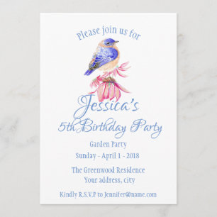 Invitation Aquarelle Bluebird Bird Jardin aux fleurs roses