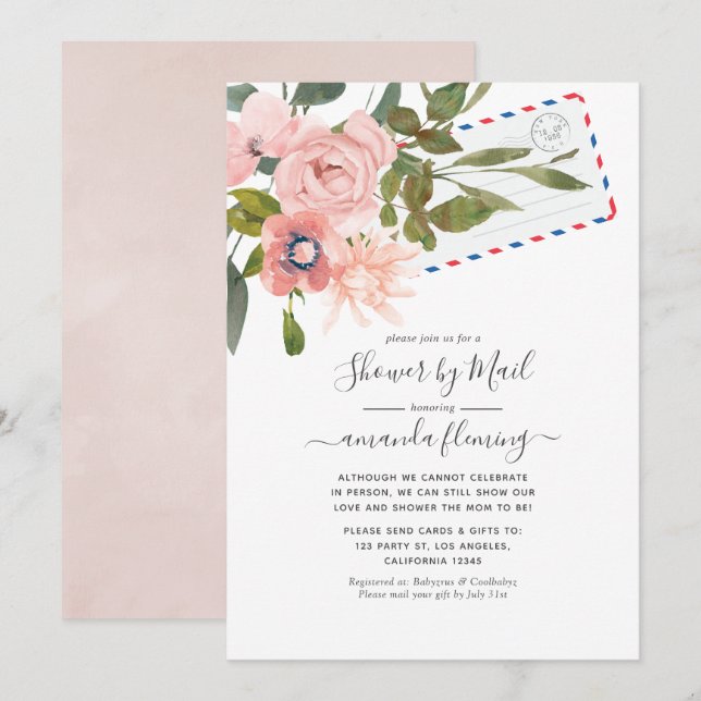Invitation Aquarelle Blush et Baby shower Rose Gold par courr (Devant / Derrière)