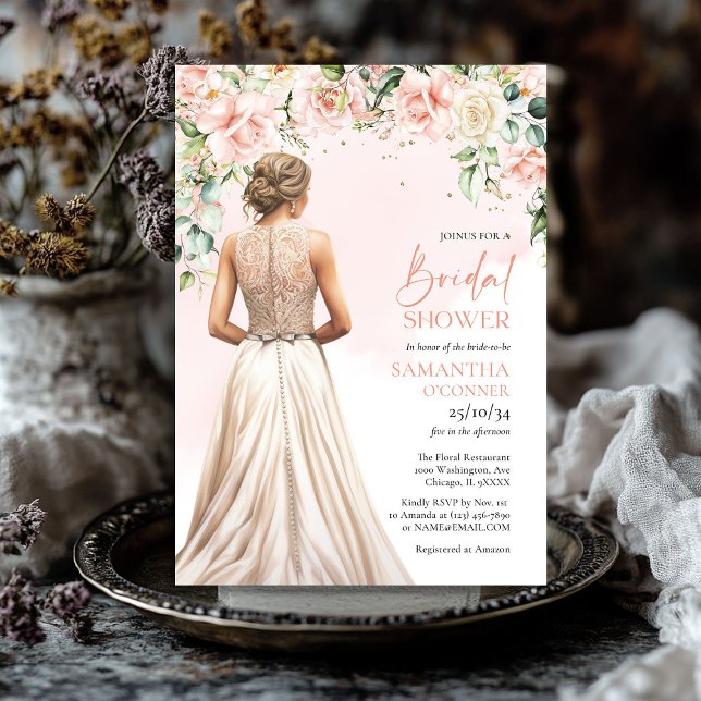 Invitation Aquarelle blush et crème roses eucalyptus or (Watercolor blush and cream roses eucalyptus gold bridal shower invitation)