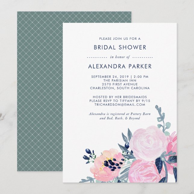 Invitation Aquarelle Blush et Fête des mariées florale marine (Devant / Derrière)