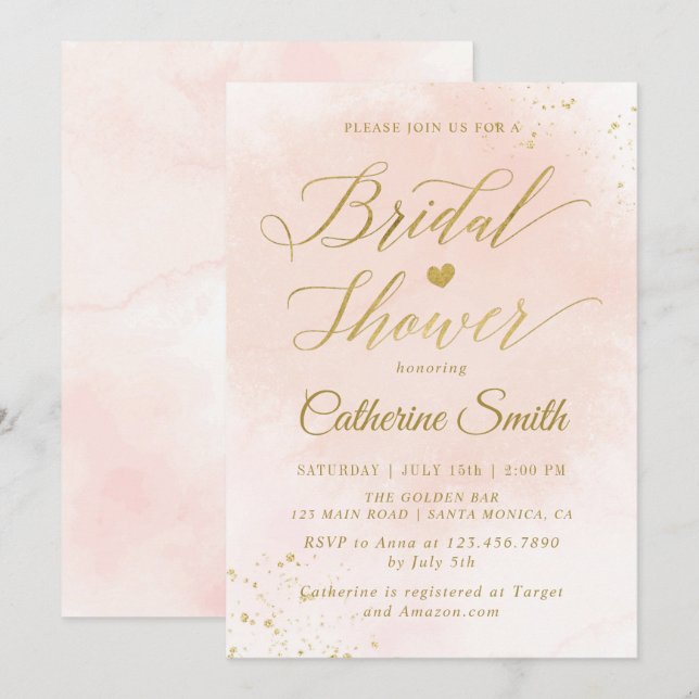 Invitation Aquarelle Blush et Fête des mariées Gold (Devant / Derrière)