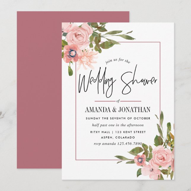 Invitation Aquarelle Blush et Rose Wedding shower or (Devant / Derrière)