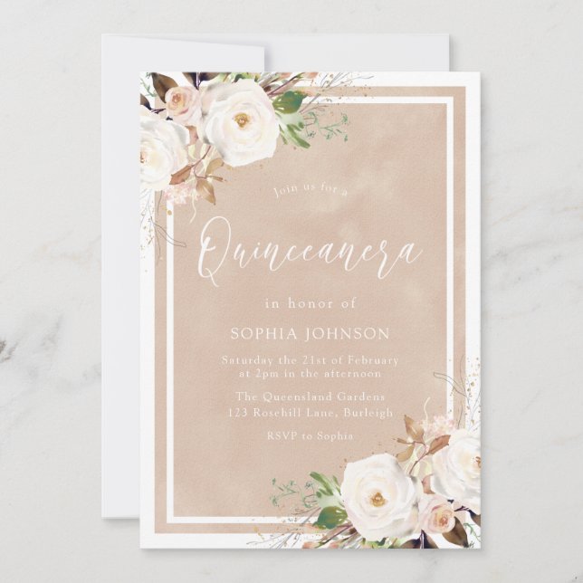 Invitation Aquarelle Blush Fleurs blanches Quinceanera (Devant)