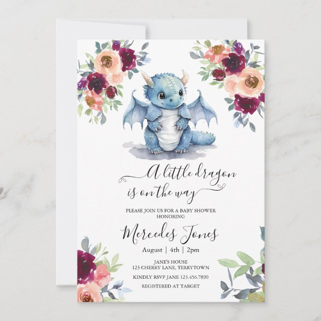 Invitation Aquarelle Blush Floral Blue Dragon Baby shower (Devant)