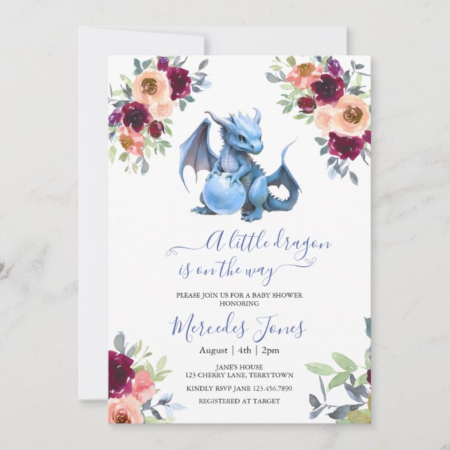 Invitation Aquarelle Blush Floral Blue Dragon Baby shower (Devant)