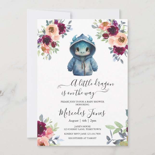 Invitation Aquarelle Blush Floral Blue Dragon Baby shower (Devant)