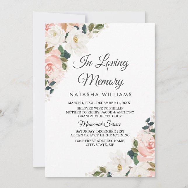 Invitation Aquarelle Blush Floral Funeral Service (Devant)