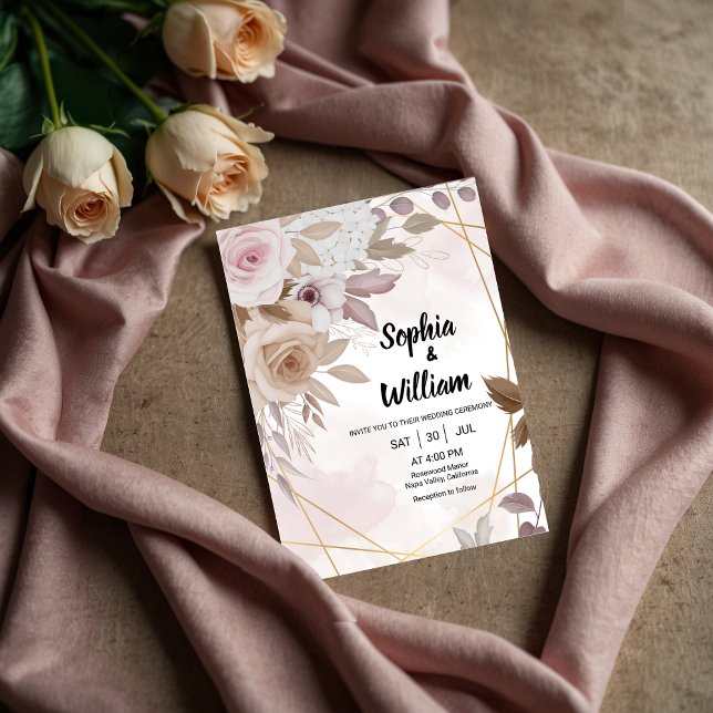 Invitation Aquarelle Blush Floral Géométrique Mariage élégant (Créateur téléchargé)