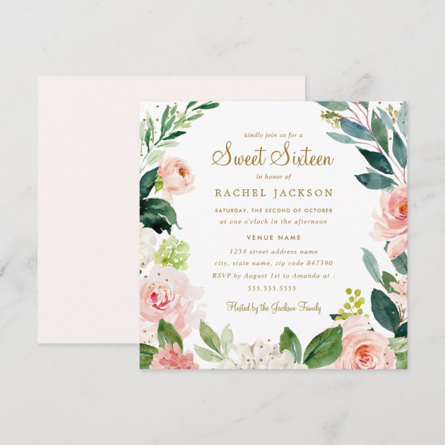 Invitation Aquarelle Blush Gold Floral Sweet sixteen Invitati (Devant / Derrière)