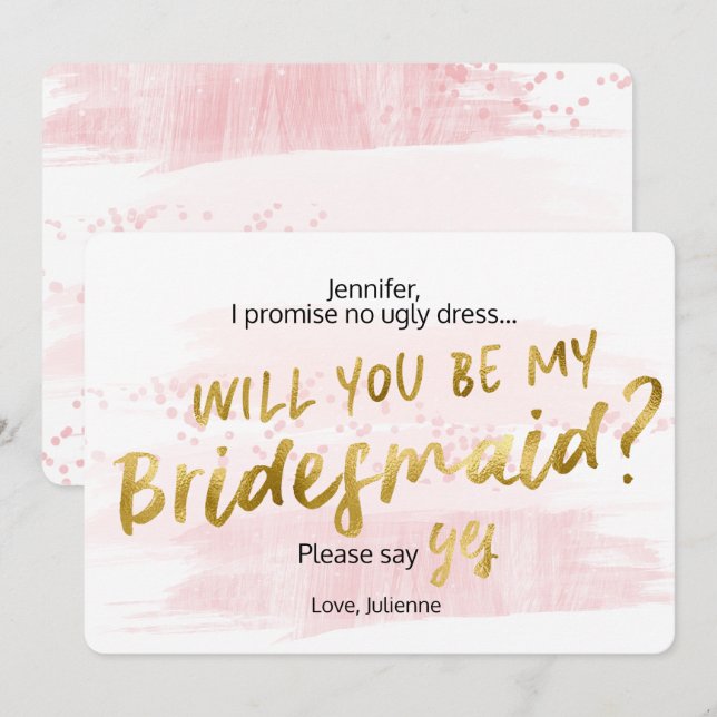 Invitation Aquarelle Blush & Gold Serez-vous ma servante d'ac (Devant / Derrière)