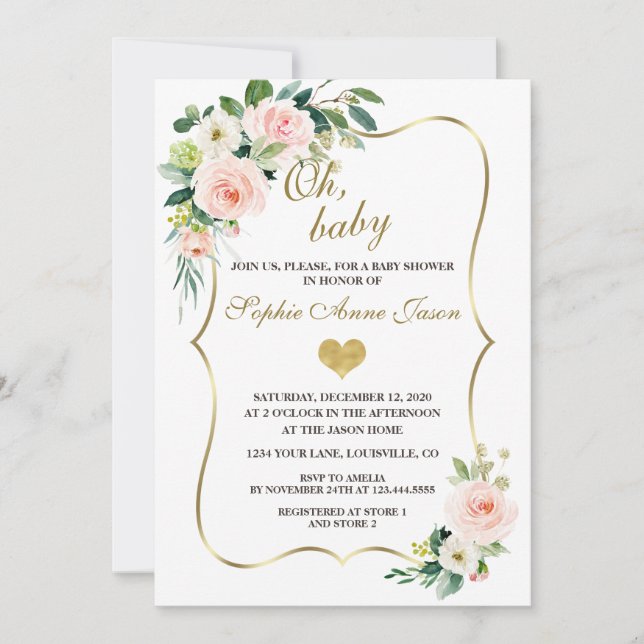 Invitation Aquarelle Blush Ivory Flowers Baby shower Or (Devant)
