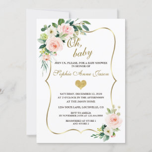 Invitation Aquarelle Blush Ivory Flowers Baby shower Or