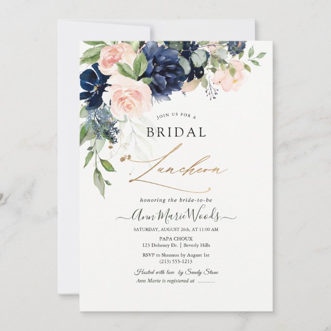 Invitation Aquarelle Blush Marine Fleurs Bleues Bridal Luncho (Devant)