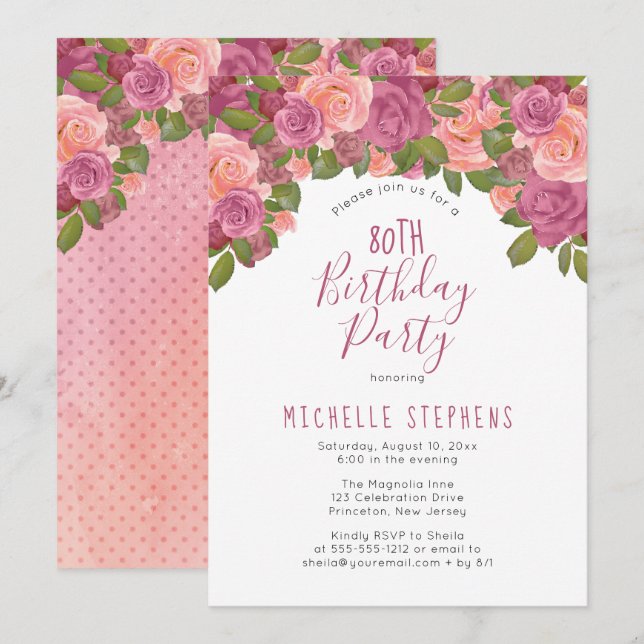 Invitation Aquarelle Blush Mauve Floral 80e anniversaire fête (Devant / Derrière)