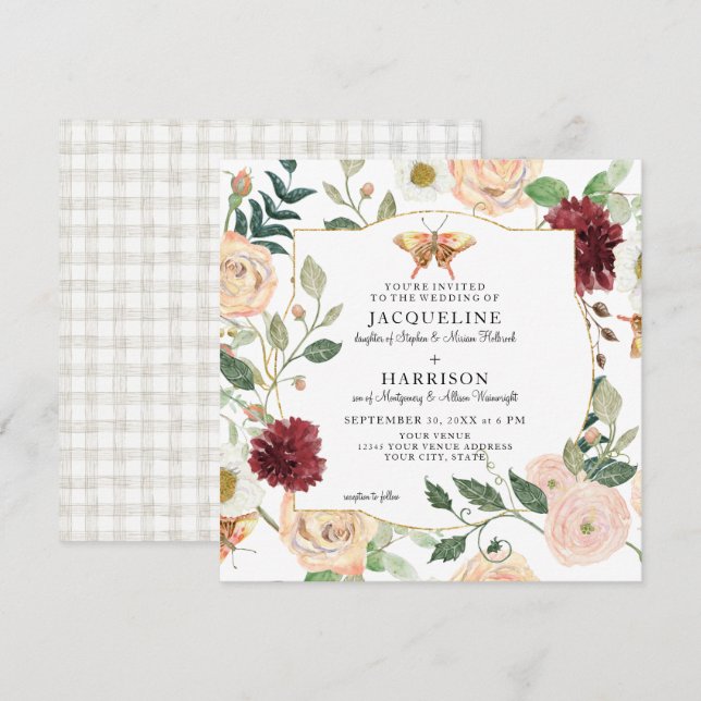 Invitation Aquarelle Blush Mint Floral Coral Rose Papillon (Devant / Derrière)