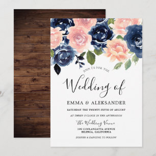 Invitation Aquarelle Blush & Navy Floral Rustique Mariage