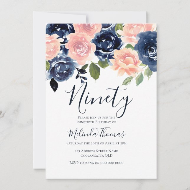 Invitation Aquarelle Blush & Navy Ninetieth 90e anniversaire (Devant)