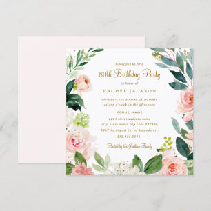 Invitation Aquarelle Blush or Floral 80e anniversaire Invitat