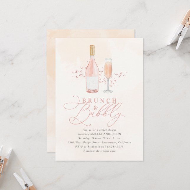 Invitation Aquarelle Blush Pink Brunch Fête des mariées mouss (Devant/Arrière en situation)