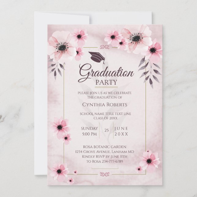Invitation Aquarelle Blush Pink Graduation (Devant)