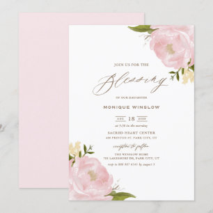 Invitation Aquarelle Blush Pink Peonies Script Blessure bébé