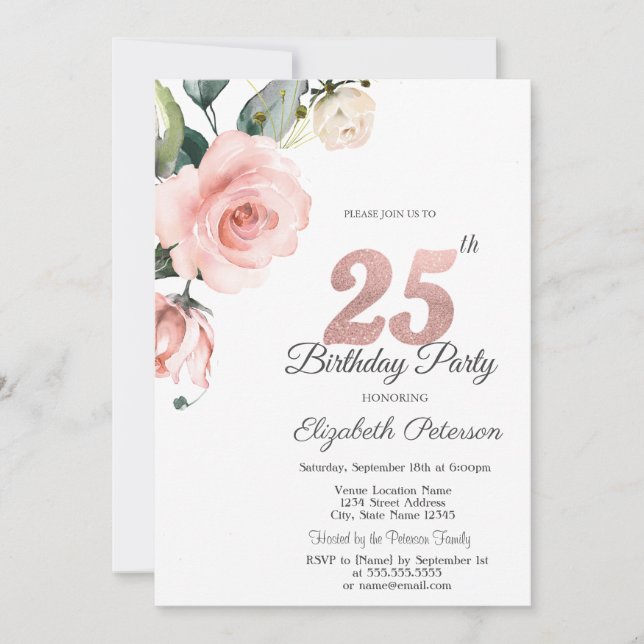 Invitation Aquarelle Blush Rose 25e anniversaire (Devant)