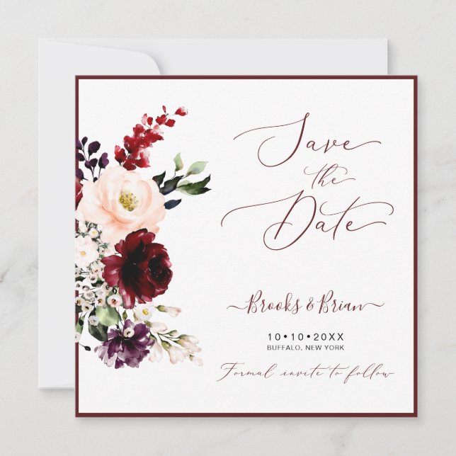 Invitation Aquarelle Blush rose Bourgogne Roses Merlot (Devant)