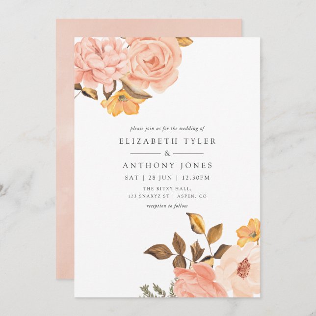 Invitation Aquarelle Blush rose et or Mariage Floral (Devant / Derrière)
