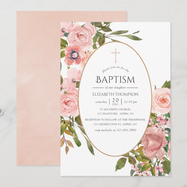 Invitation Aquarelle Blush rose et Rose Gold Baptême (Devant / Derrière)
