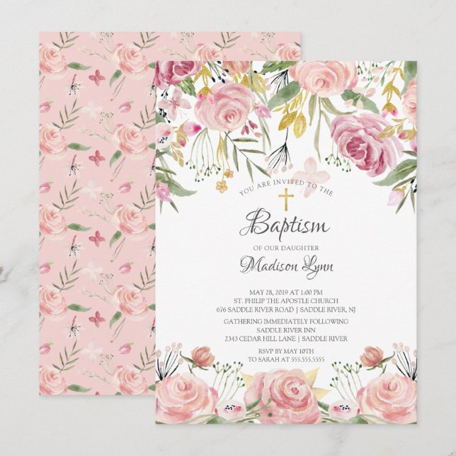 Invitation Aquarelle Blush rose Floral Girl Baptême (Devant / Derrière)