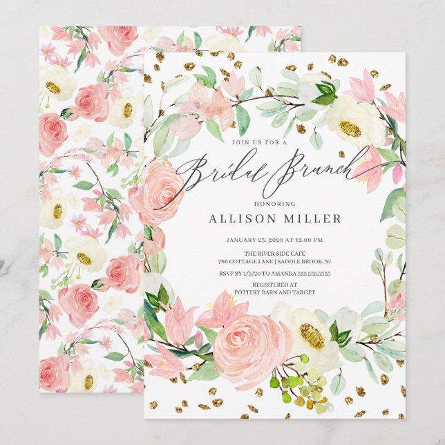 Invitation Aquarelle Blush Rose Peonies Floral Bridal Brunch (Devant / Derrière)