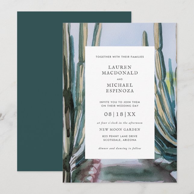 Invitation Aquarelle Bohemian Cactus Green Desert (Devant / Derrière)