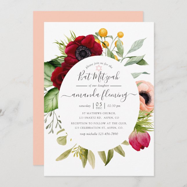 Invitation Aquarelle Boho Bat mitzvah Floral (Devant / Derrière)